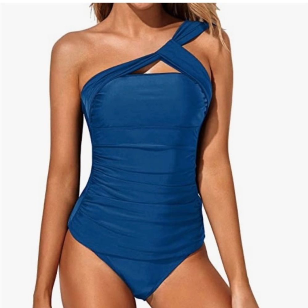 Tempt Me Ruched One Shoulder High Neck Tankini - Picture 2 of 5